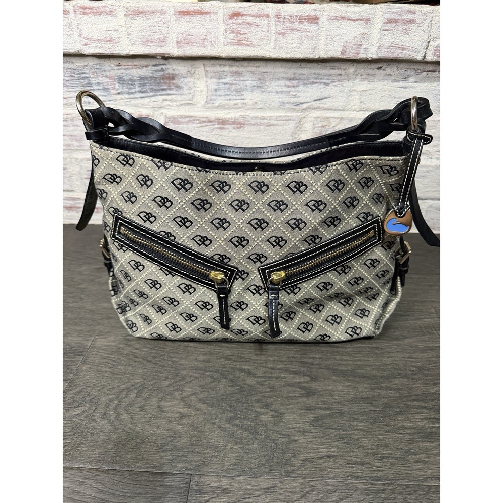 Dooney & Bourke Monogram DB Logo Hobo Shoulder Bag Black Canvas Leather Trim